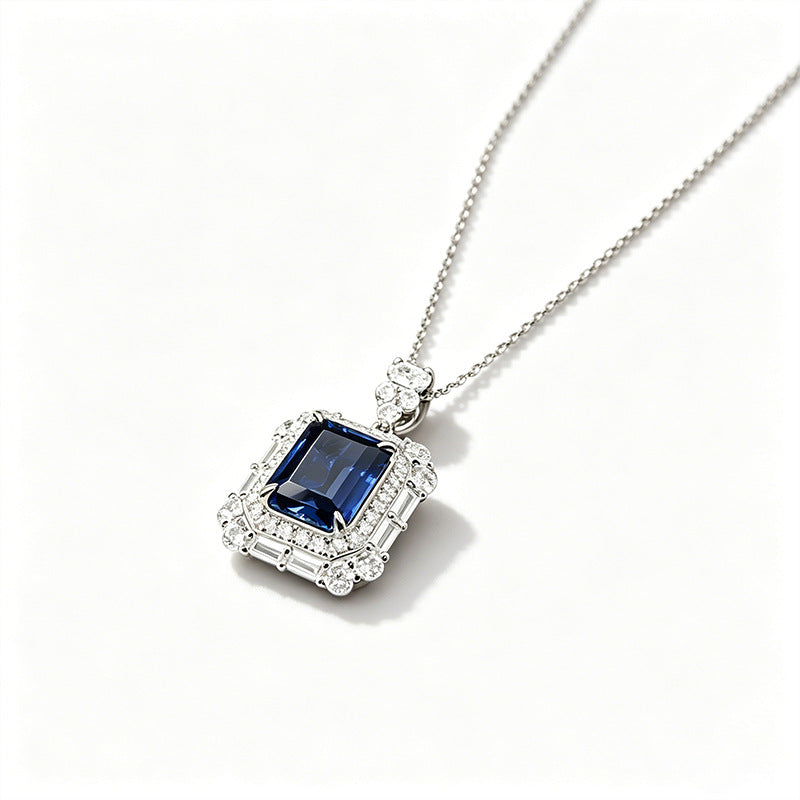 925 Sterling Silver Lab Sapphire Square Double-Pave Pendant Choker, Vintage Palace - Photo 5