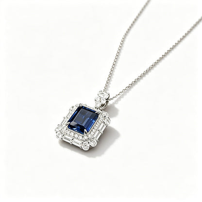 925 Sterling Silver Lab Sapphire Square Double-Pave Pendant Choker, Vintage Palace - Photo 5
