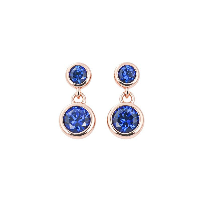 S925 Silver Double Round Bezel Sapphire Stud Earrings, Rose Gold Drop - Photo 5