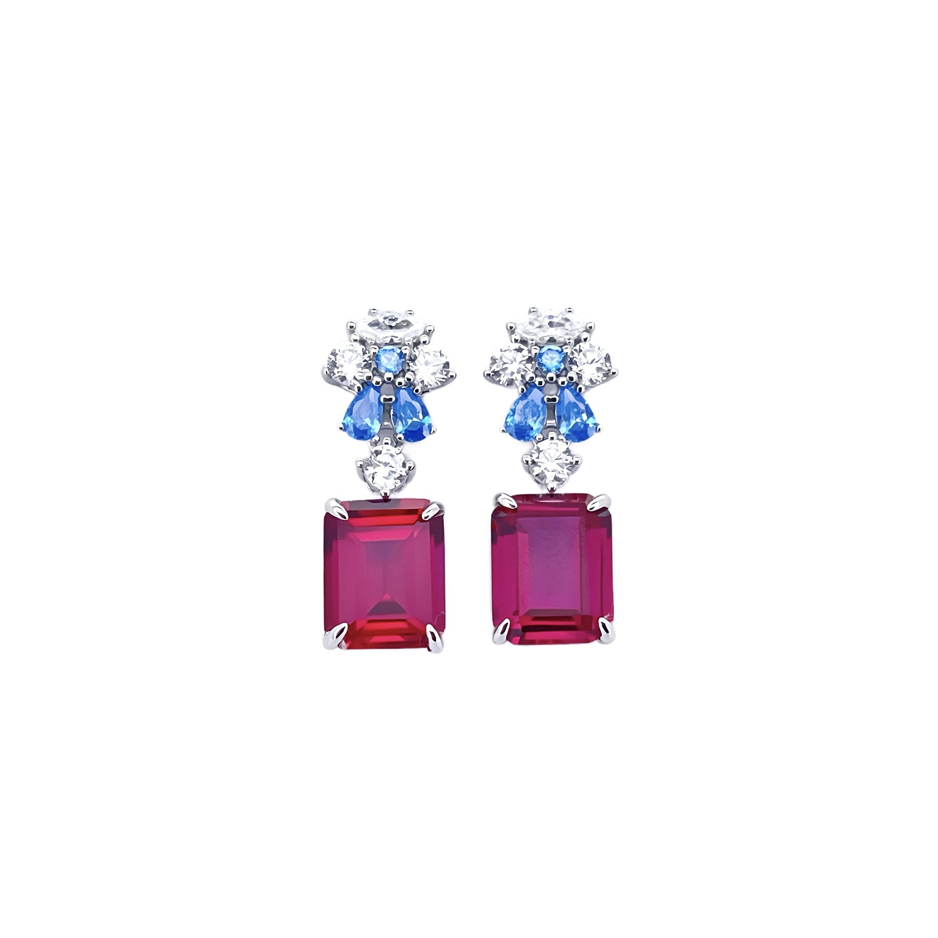 S925 Silver Colour-Block Rectangle Corundum Stud Earrings, French Vintage Premium - Photo 5