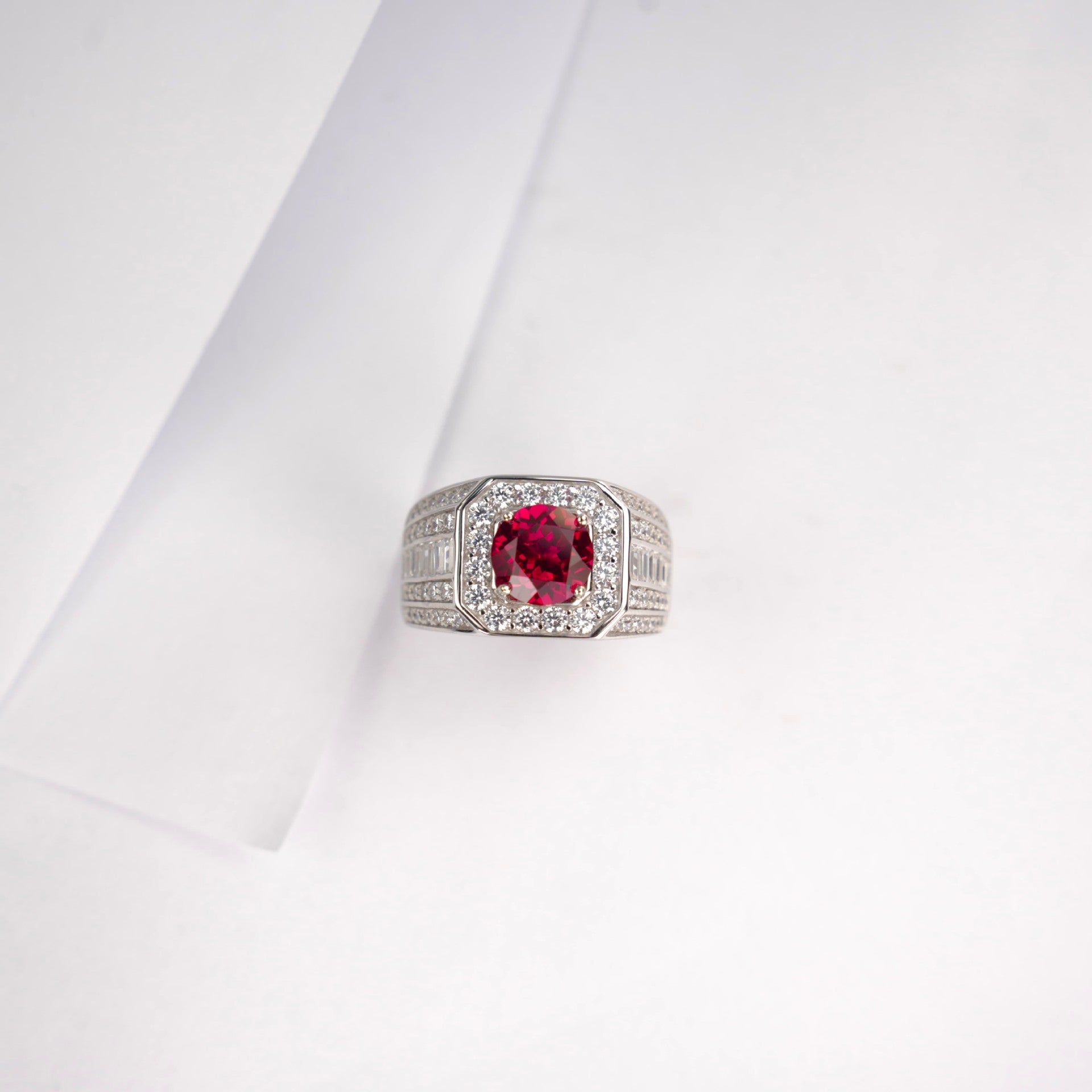 925 Sterling Silver Lab Ruby Men's Ring, Diamond Round Bold - Photo 4