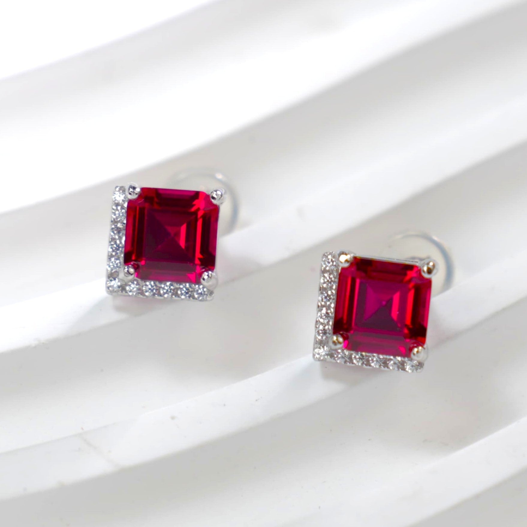 S925 Sterling Silver Emerald-Cut Lab Ruby Stud Earrings, Minimalist - Photo 4