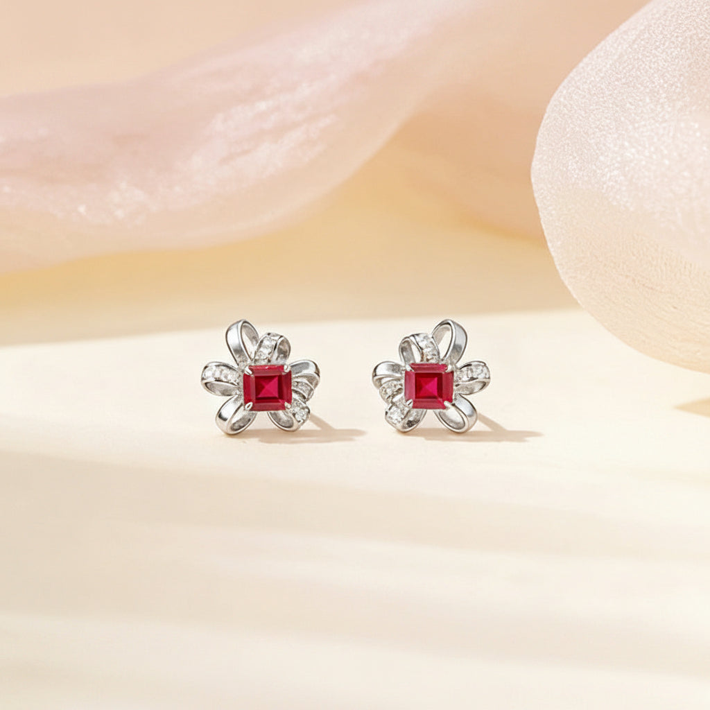 925 Sterling Silver Lab Ruby Earrings, Premium Designer - Photo 1