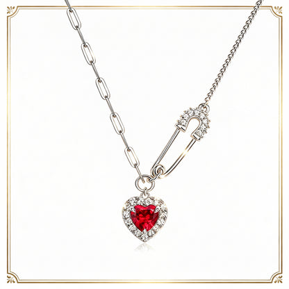 S925 Sterling Silver Safety Pin Heart Ruby Necklace, Chain Versatile - Photo 1