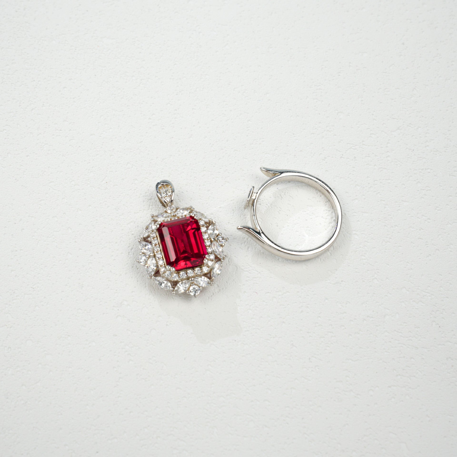925 Silver Lab Ruby Ring-Necklace 2-in-1 Diamond Jewellery, Luxurious Premium Vintage - Photo 2