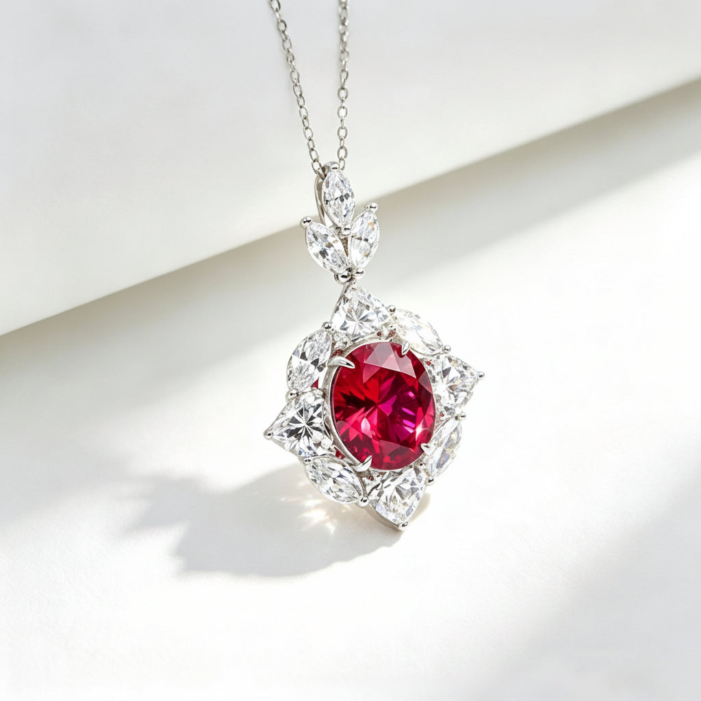 S925 Sterling Silver Lab Ruby Marquise Halo Pendant Necklace, French Premium - Photo 1