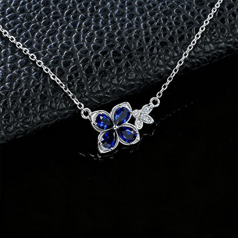 S925 Silver Lab Sapphire Four-Petal Flower Butterfly Necklace, Gemstone Versatile - Photo 3