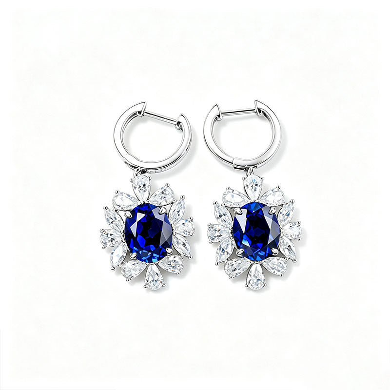 S925 Silver Oval Lab Sapphire Flower Ear Cuff, Day Mothers Gift - Photo 5