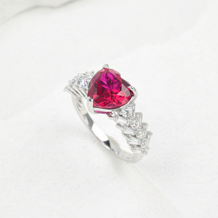 S925 Sterling Silver Lab Pigeon Blood Ruby Heart Pave Closed Ring, Engagement Premium for Women - Photo 1