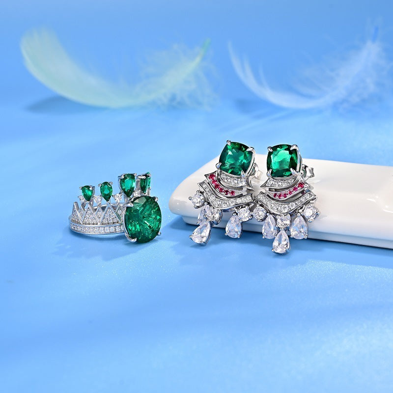 S925 Sterling Silver Crown Emerald Ring, Gemstone Halo Design - Photo 4