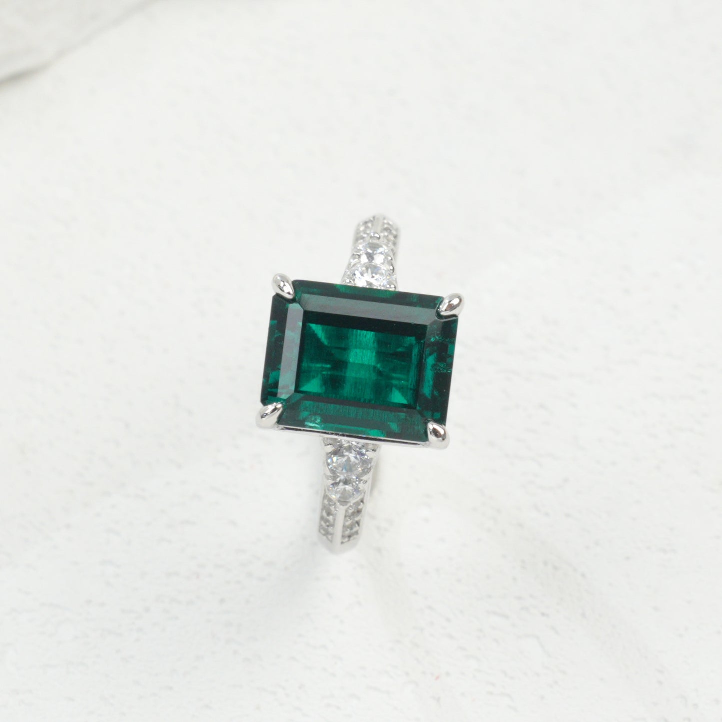 S925 Silver Lab Emerald Ring 4-Claw Side Diamond, Evening Wedding Gift - Photo 2