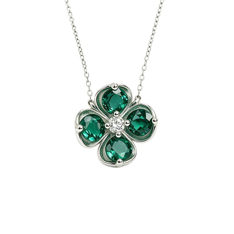 Lucky Four-Leaf Clover Emerald Silver Necklace, Versatile Birthday Valentines - Photo 5