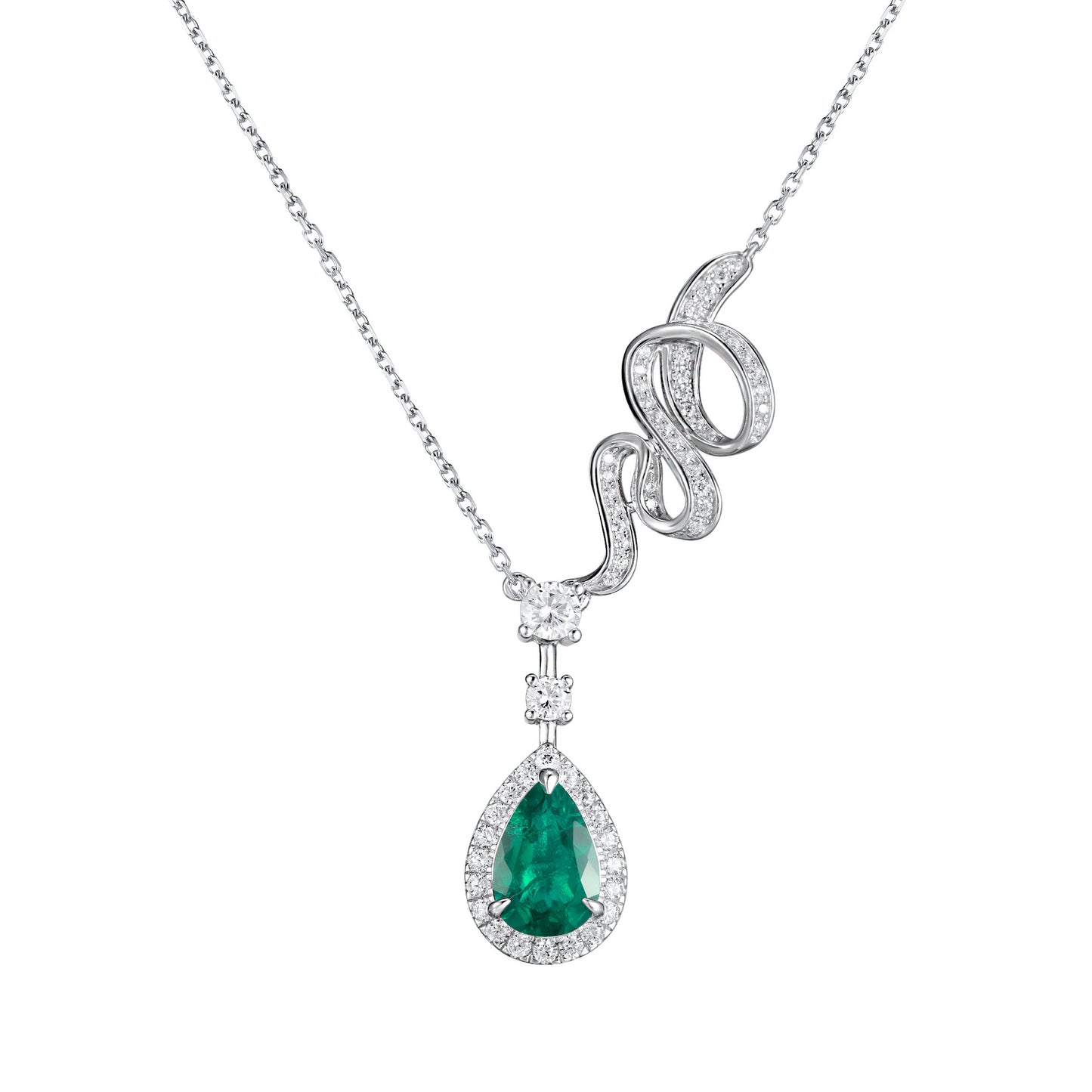 S925 Silver Snake Full Diamond Chain Teardrop Lab Emerald Halo Necklace, Premium Evening Jewellery - Photo 5