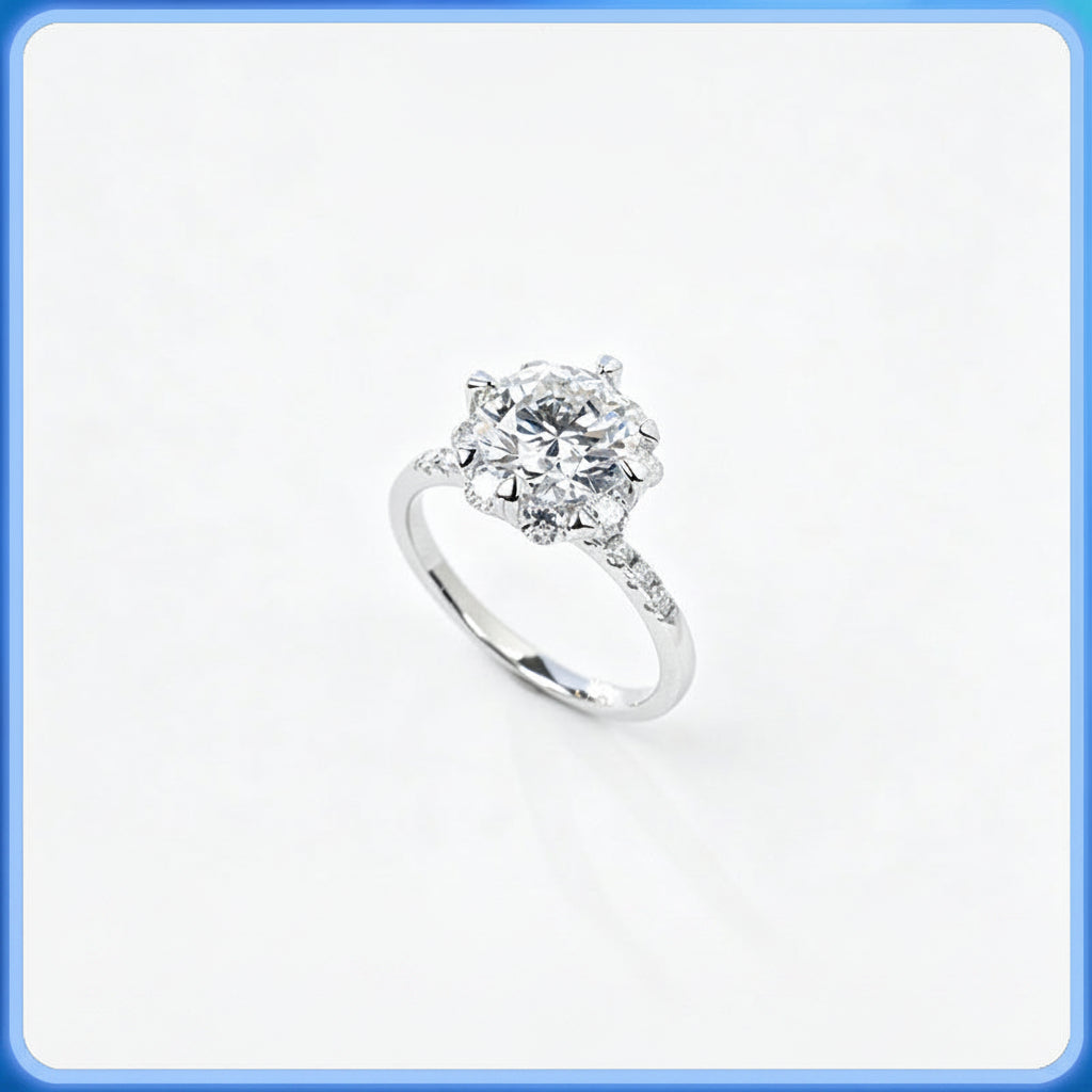 Ring S925 Silver Snowflake 8-Claw Halo Round Diamond Lab, Proposal Engagement Gift - Photo 1