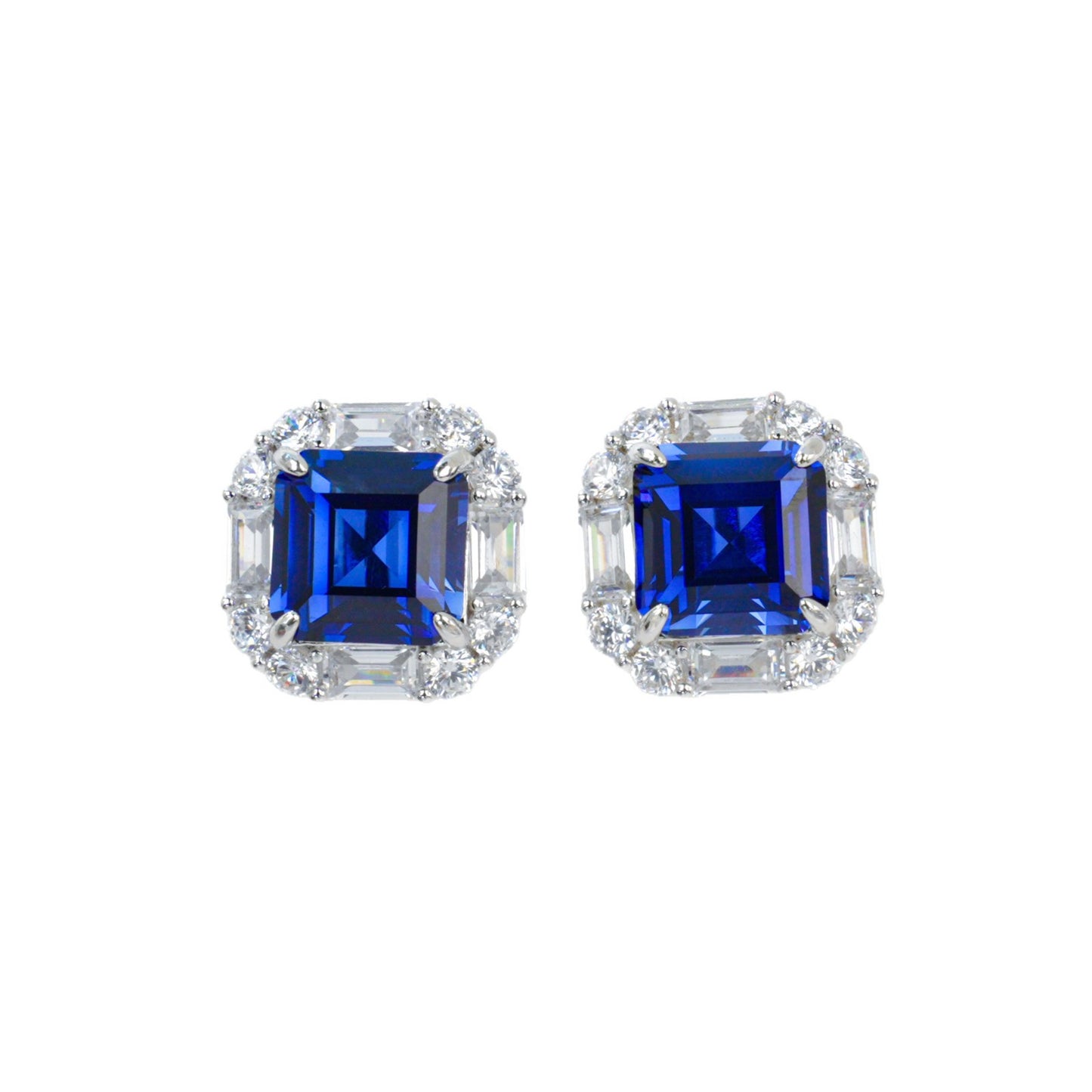 S925 Silver Lab Sapphire Stud Earrings Square Double-Layer Step Diamond Halo, Date Business Evening - Photo 5