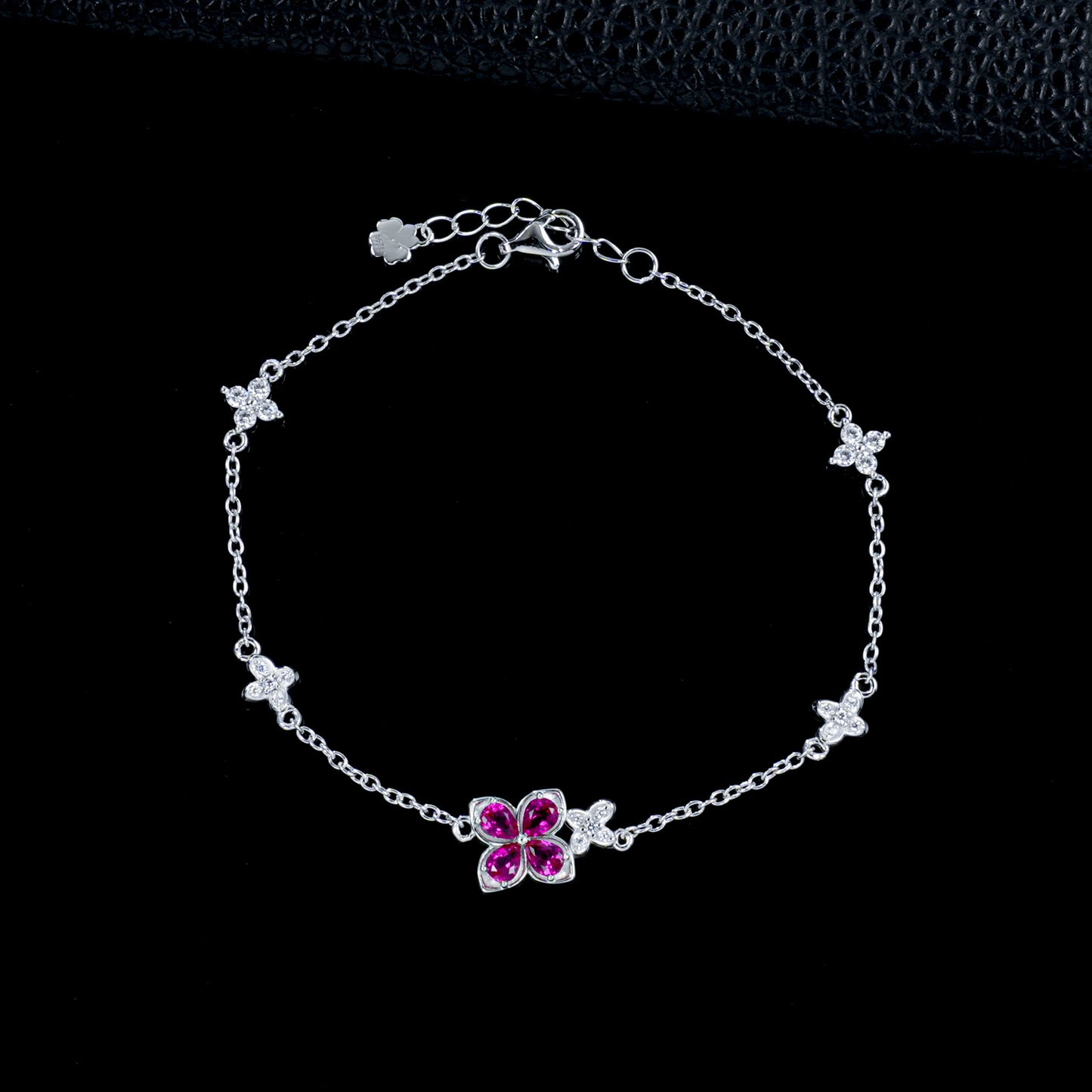 S925 Silver Four-Leaf Clover Lab Ruby Bracelet, Full Diamond Flower - Photo 2