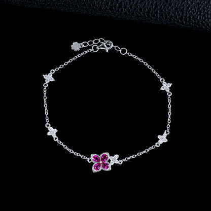 S925 Silver Four-Leaf Clover Lab Ruby Bracelet, Full Diamond Flower - Photo 2
