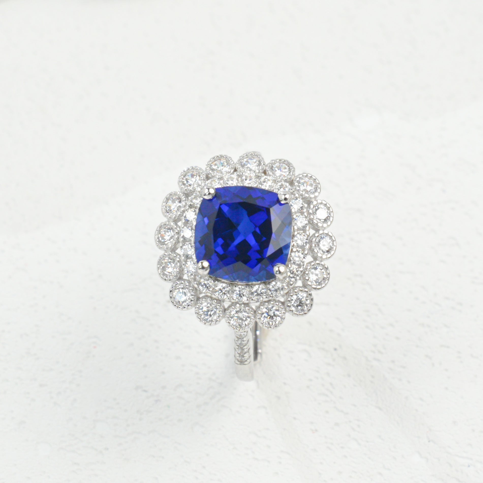 S925 Sterling Silver Lab Sapphire Cushion Halo Ring, Valentine Birthday Gift for Girlfriend - Photo 2