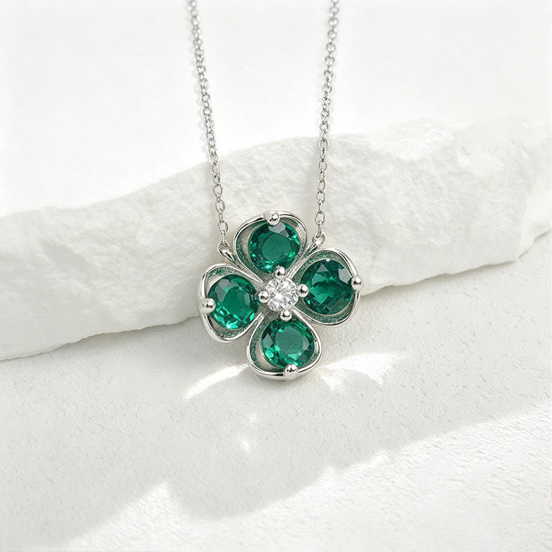 Lucky Four-Leaf Clover Emerald Silver Necklace, Versatile Birthday Valentines - Photo 3