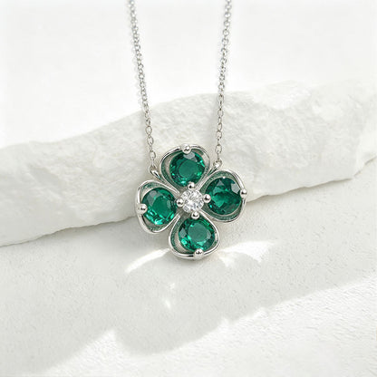 Lucky Four-Leaf Clover Emerald Silver Necklace, Versatile Birthday Valentines - Photo 3