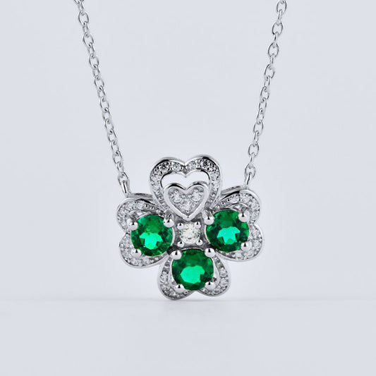 S925 Sterling Silver Lab Emerald Four-Leaf Clover Necklace, Fresh Versatile - Photo 5