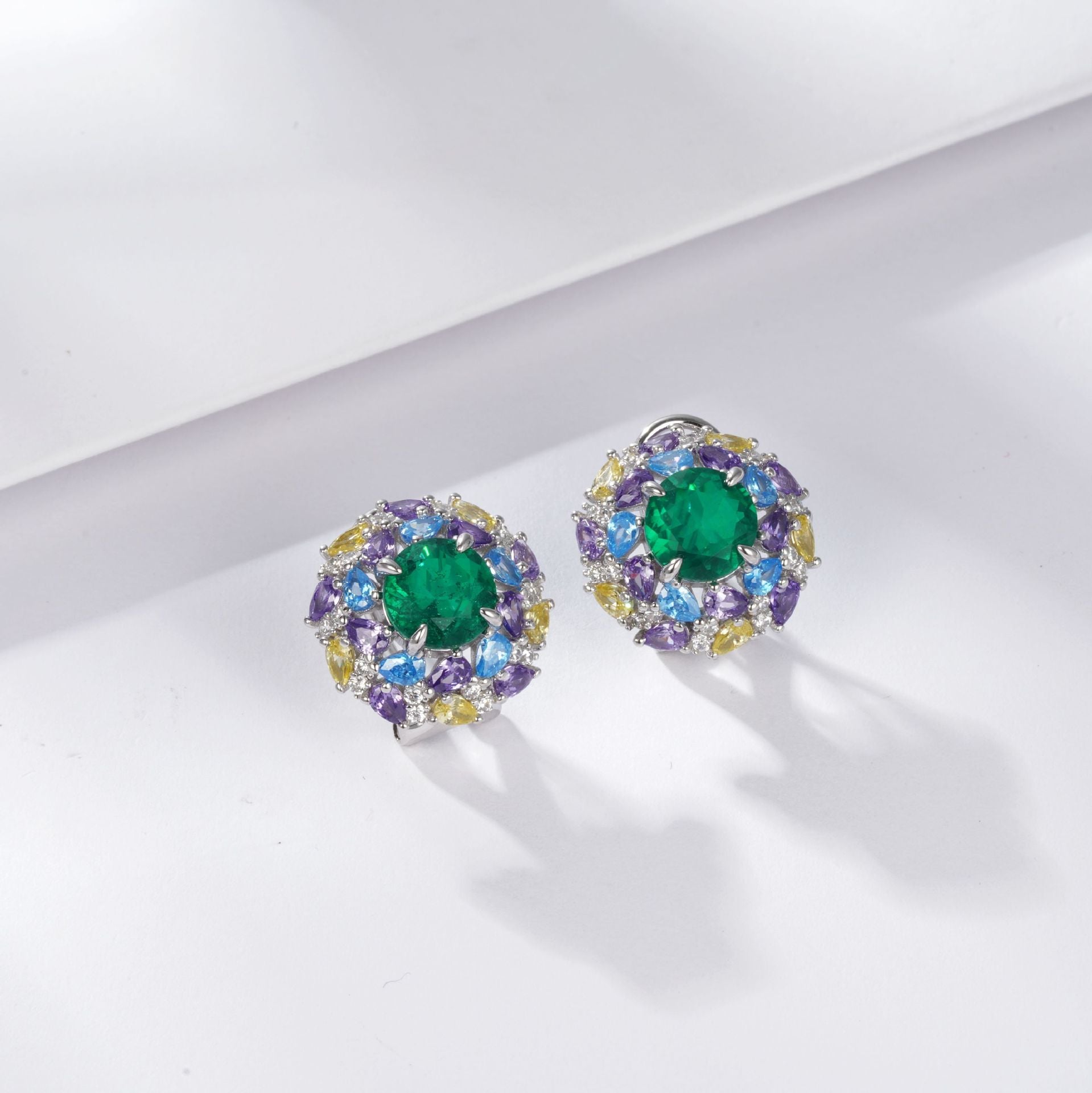 S925 Sterling Silver Lab Emerald Stud Earrings, Vintage Flower Diamond - Photo 4