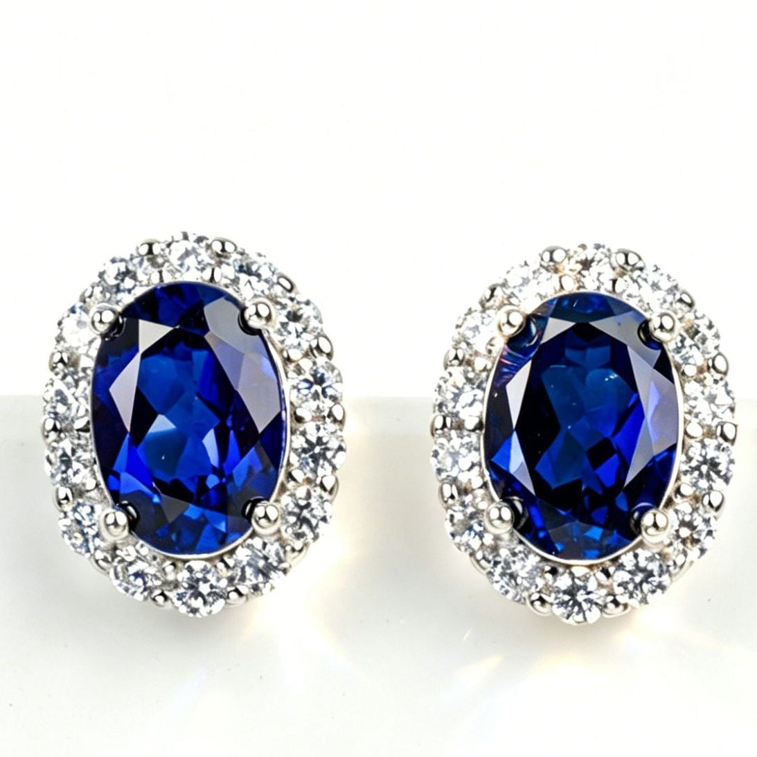 S925 Sterling Silver Oval Lab Sapphire Pave Halo Stud Earrings, Versatile - Photo 1
