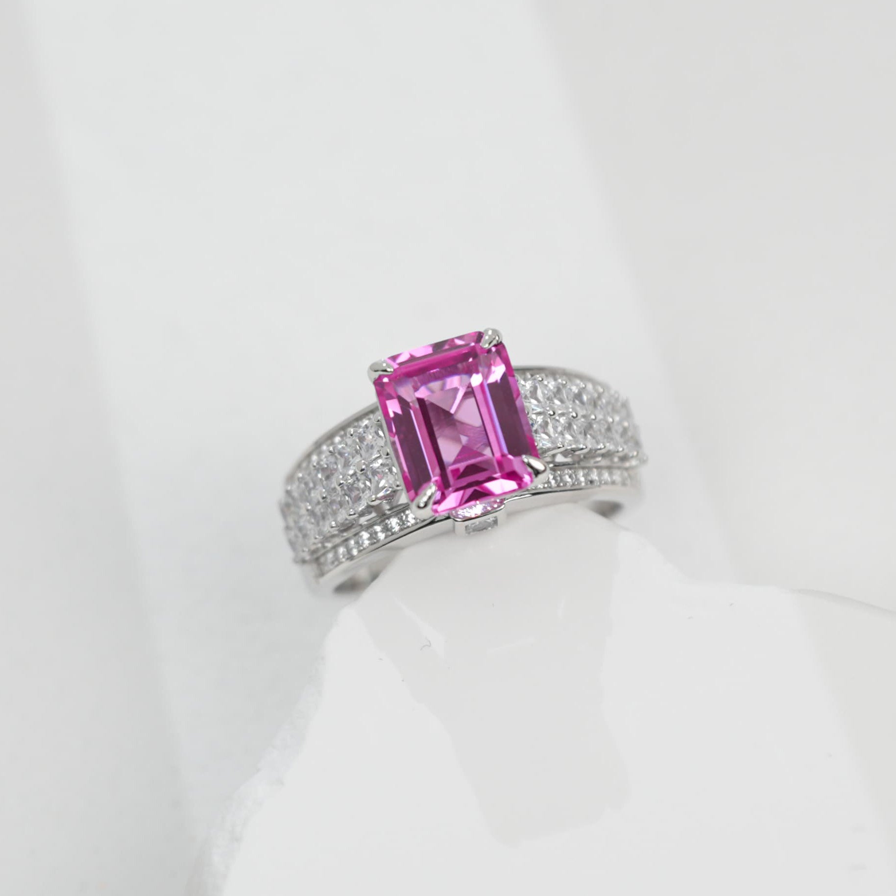 925 Sterling Silver Lab Padparadscha Double-Pave-Arm Ring, Premium Versatile - Photo 3