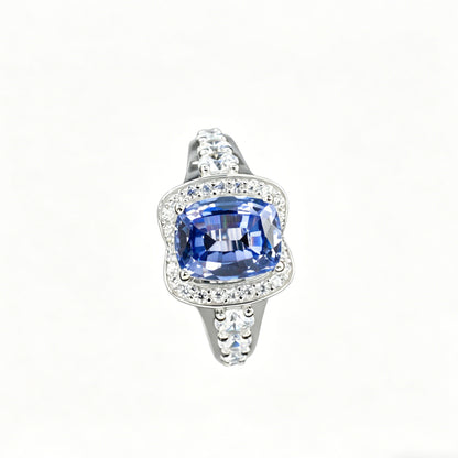 S925 Sterling Silver Cornflower Lab Sapphire Halo Adjustable Open Ring, Vintage Premium - Photo 5