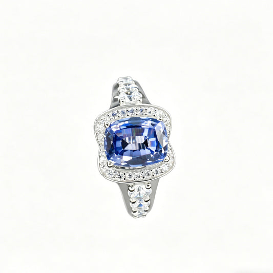 S925 Sterling Silver Cornflower Lab Sapphire Halo Adjustable Open Ring, Vintage Premium - Photo 5