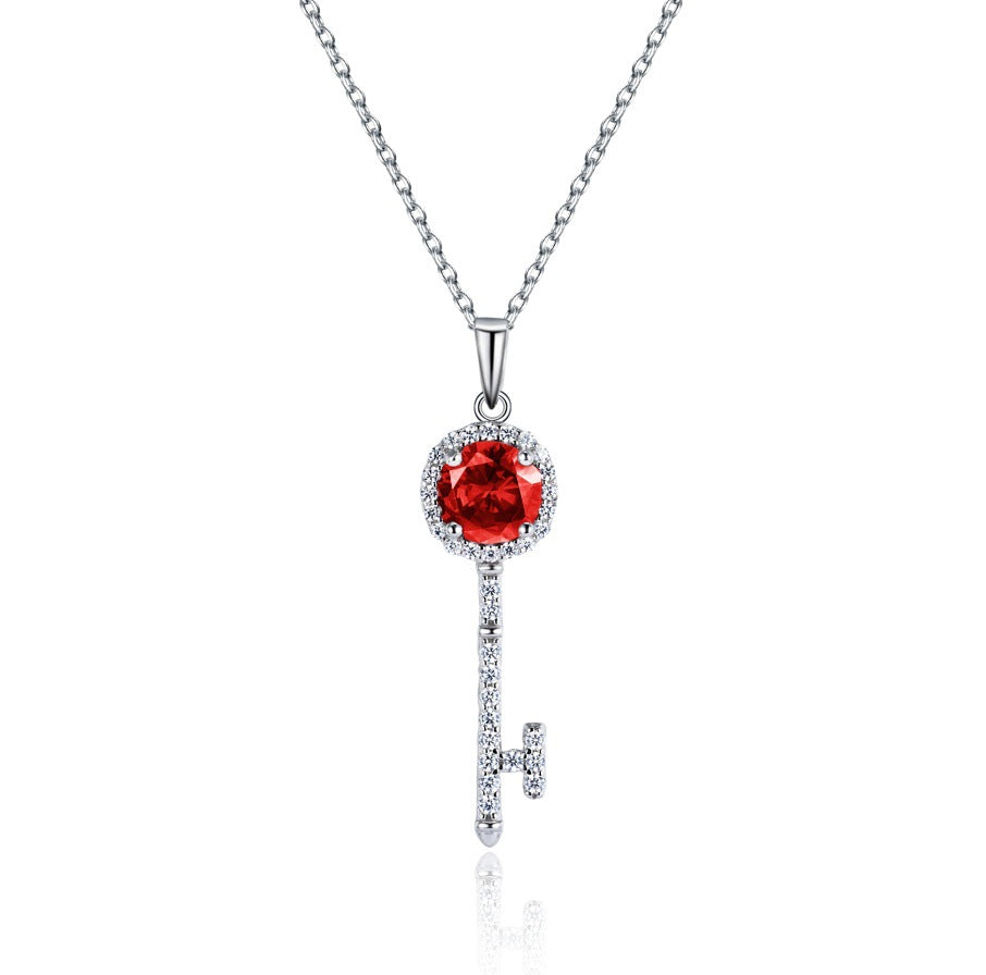 925 Sterling Silver Lab Ruby Key Pendant Choker Necklace, Versatile - Photo 6