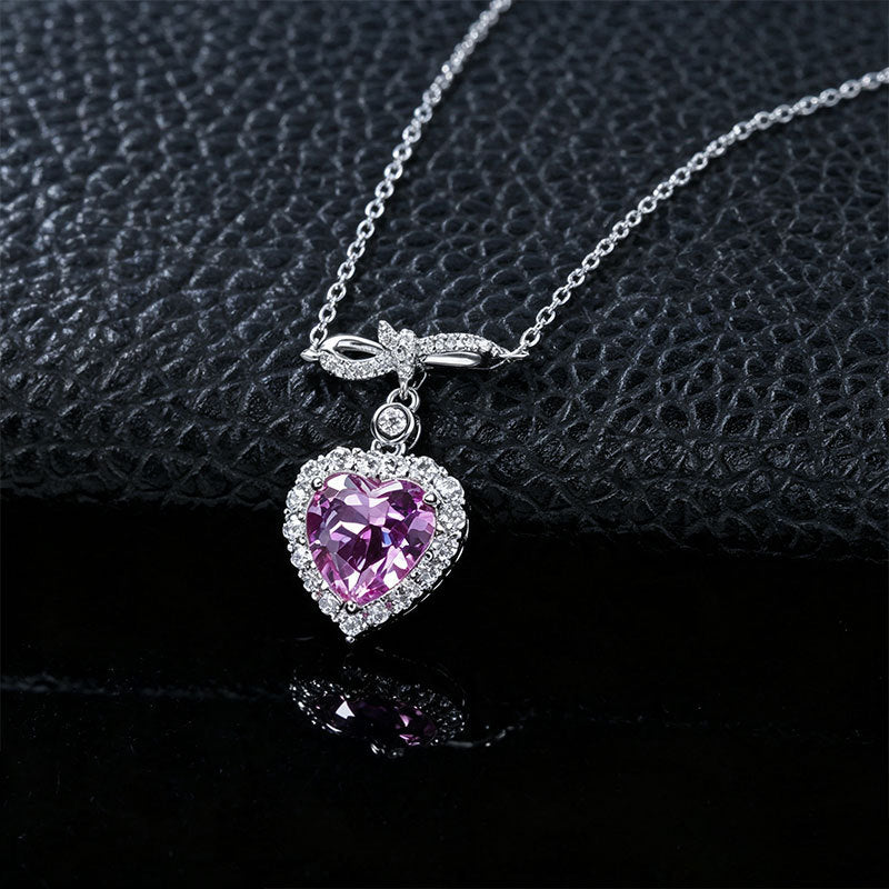 S925 Silver Heart Lab Pink Sapphire Necklace, Full Diamond Halo - Photo 3