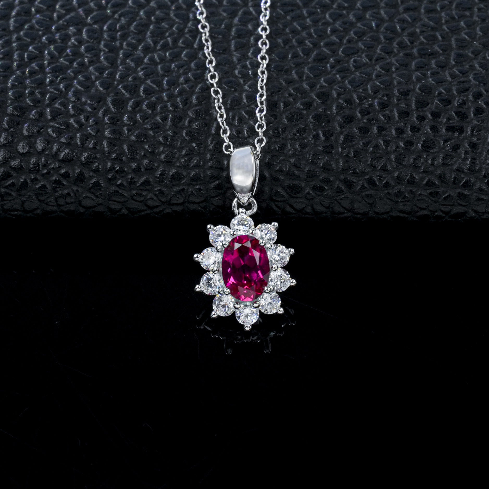 Classic Rose Red Ruby Diamond Silver Necklace, Vintage Premium Elegant - Photo 2