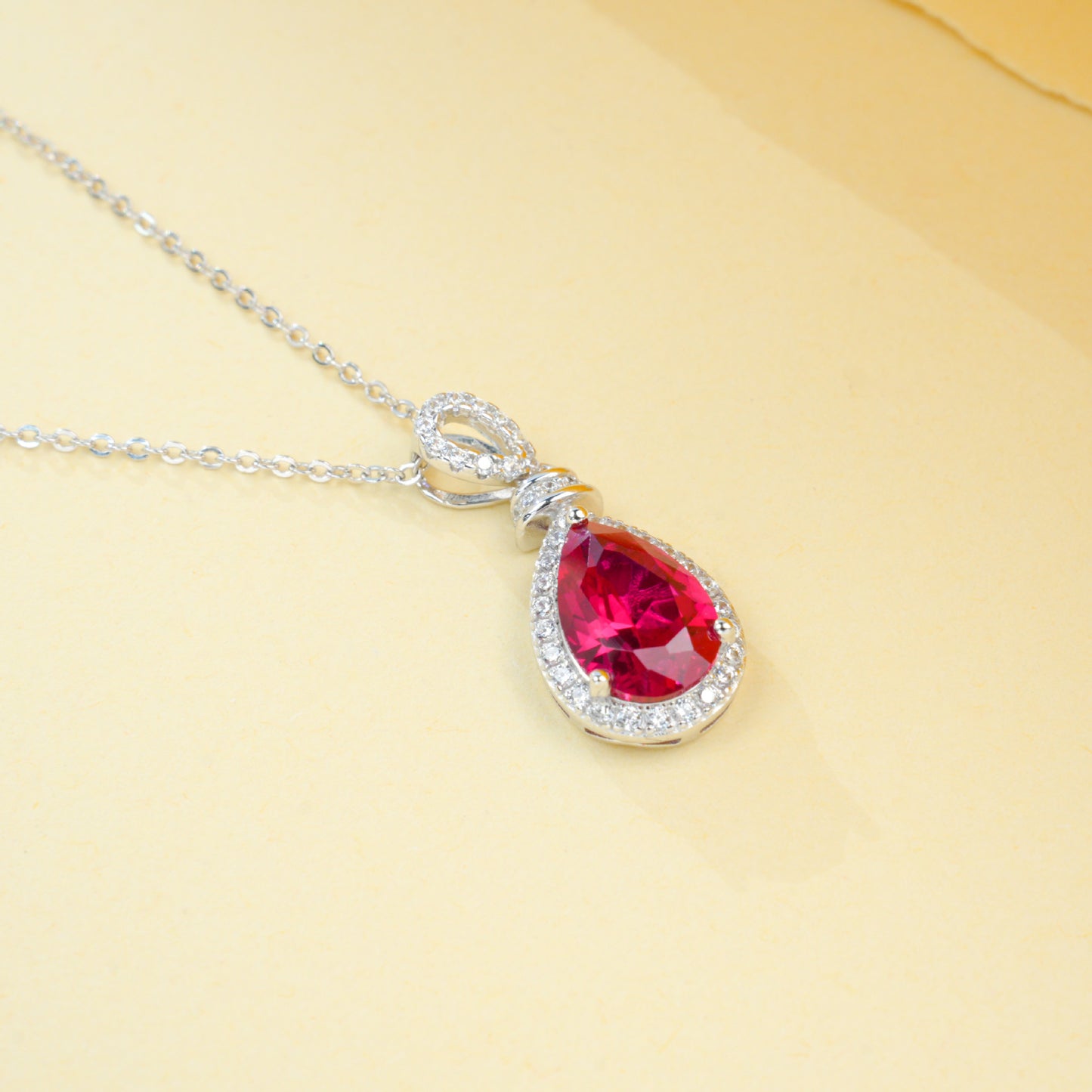 S925 Sterling Silver Lab Ruby Teardrop Pendant Necklace, Premium for Women - Photo 4