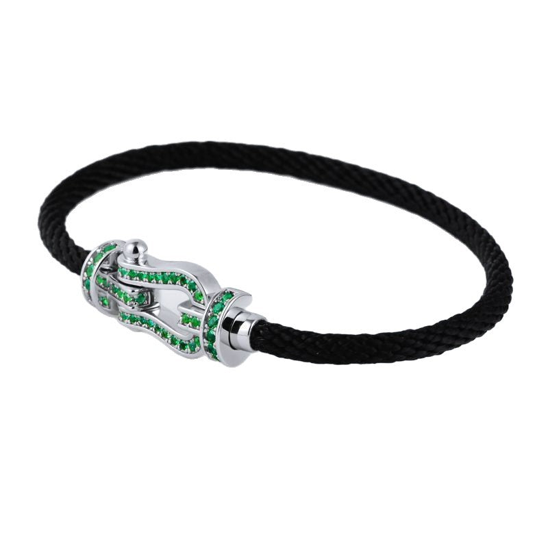 S925 Sterling Silver Lab Emerald Horseshoe Pave Black Cord Bracelet, Vintage Minimalist - Photo 5