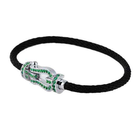 S925 Sterling Silver Lab Emerald Horseshoe Pave Black Cord Bracelet, Vintage Minimalist - Photo 5