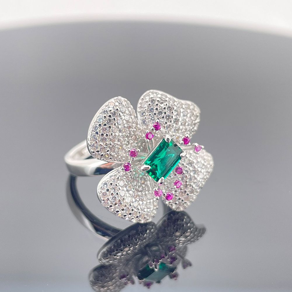 S925 Sterling Silver Gemstone Flower Ring, Designer Versatile Premium - Photo 2