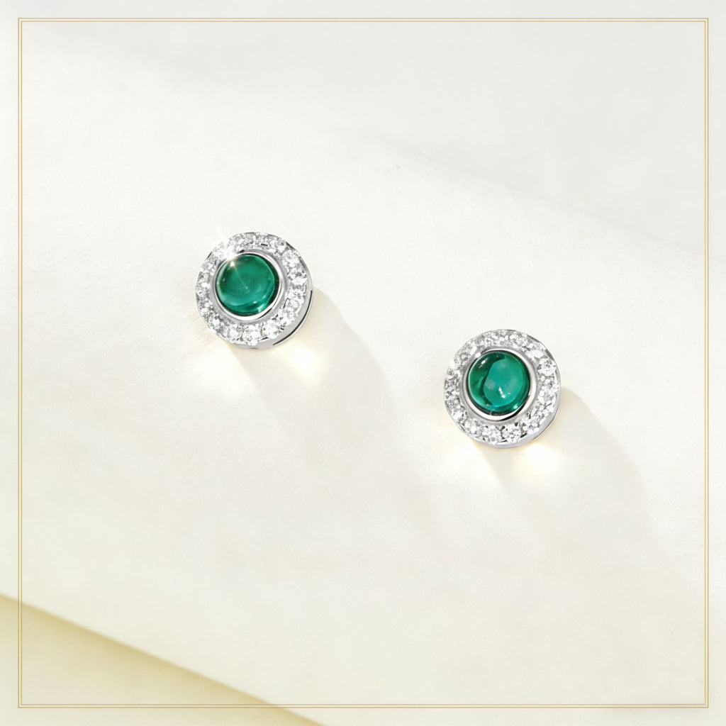 S925 Sterling Silver Lab Emerald Round Earrings for Women, Minimalist Unique - Photo 1