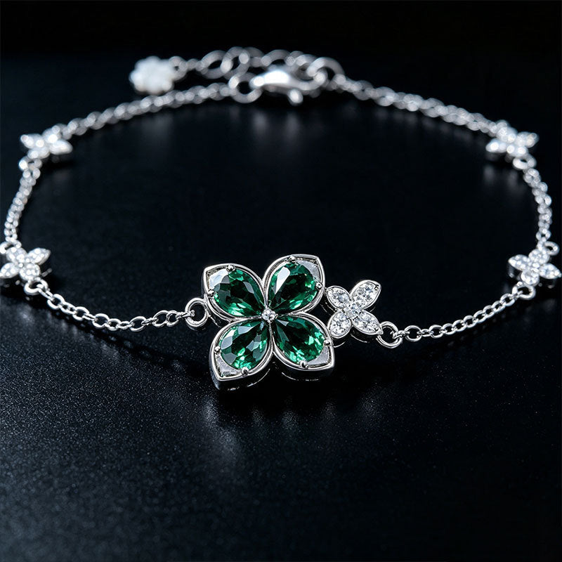 S925 Silver Four-Leaf Clover Lab Emerald Bracelet, Full Diamond Flower - Photo 3