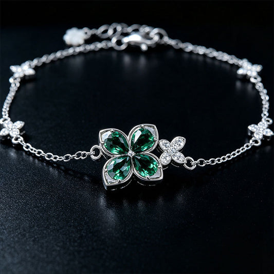 S925 Silver Four-Leaf Clover Lab Emerald Bracelet, Full Diamond Flower - Photo 3
