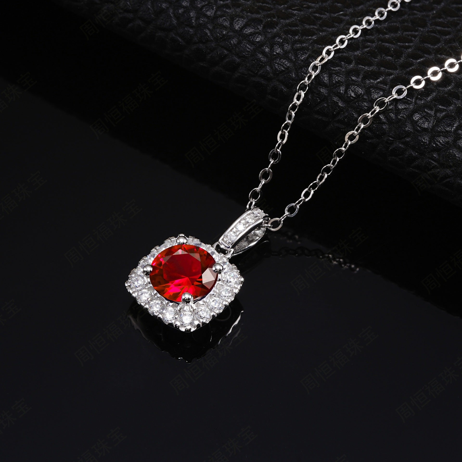 S925 Sterling Silver Lab Ruby Cushion Halo Micro-Pave Necklace, Minimalist for Women - Photo 3