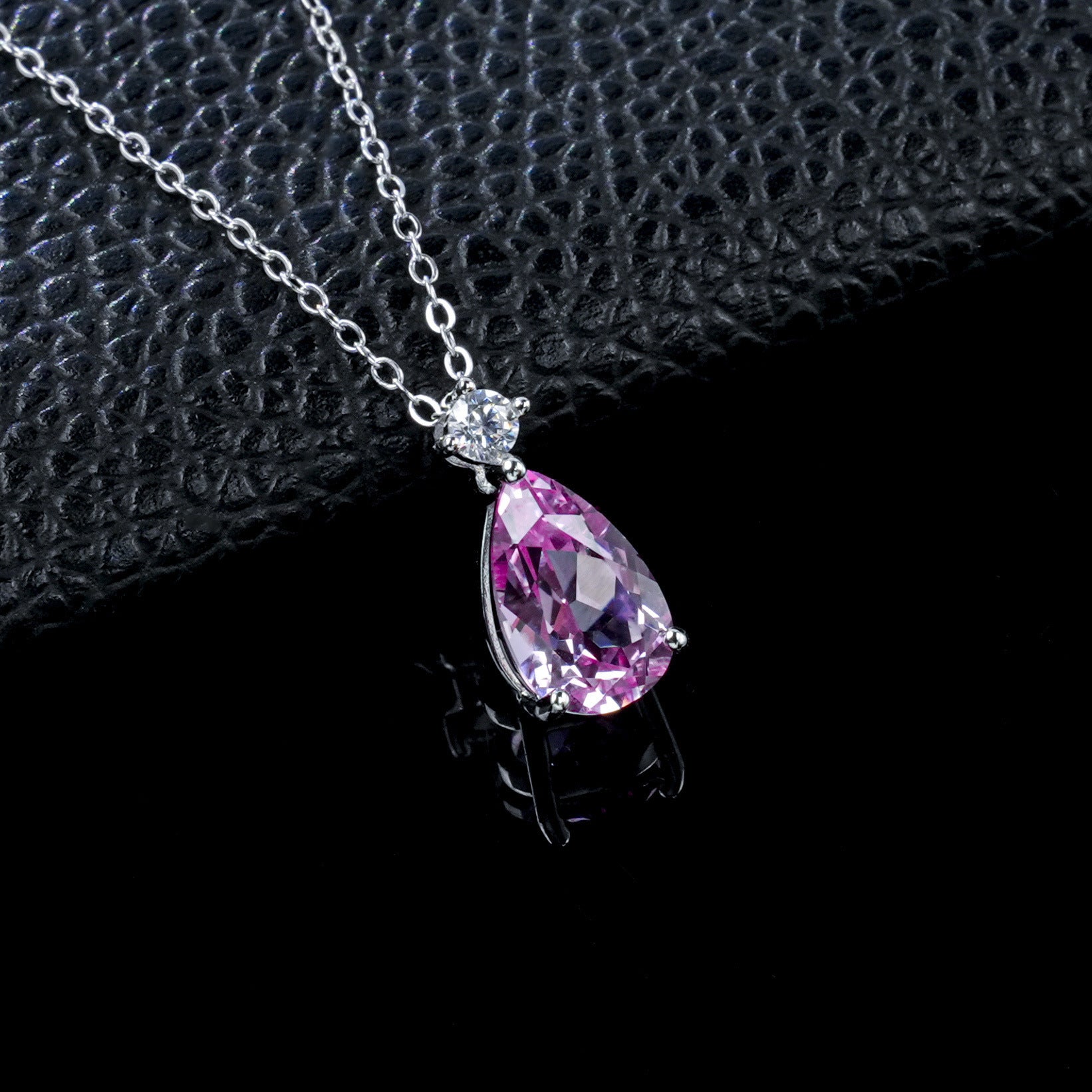 S925 Silver Pear Teardrop Lab Pink Diamond Necklace, Small Diamond Simple - Photo 2