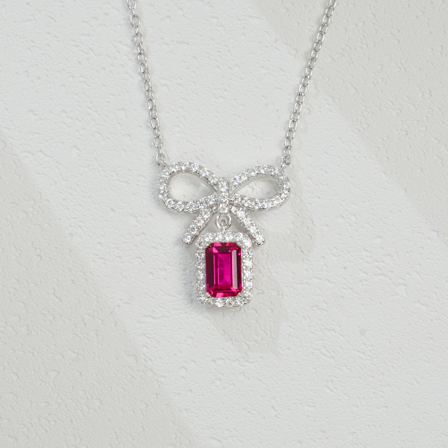 925 Sterling Silver Lab Ruby Bowknot Necklace, Vintage for Women - Photo 2