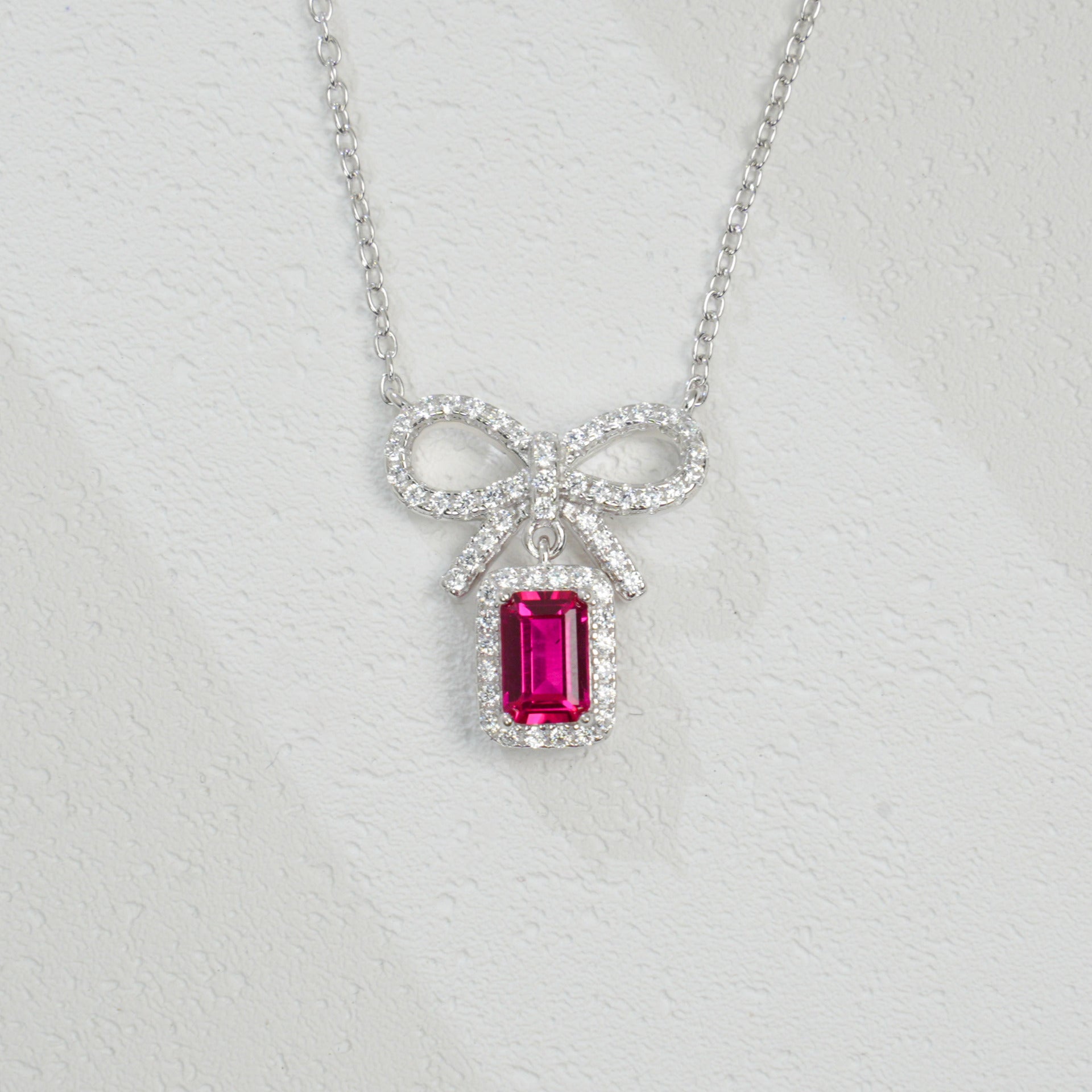 925 Sterling Silver Lab Ruby Bowknot Necklace, Vintage for Women - Photo 2
