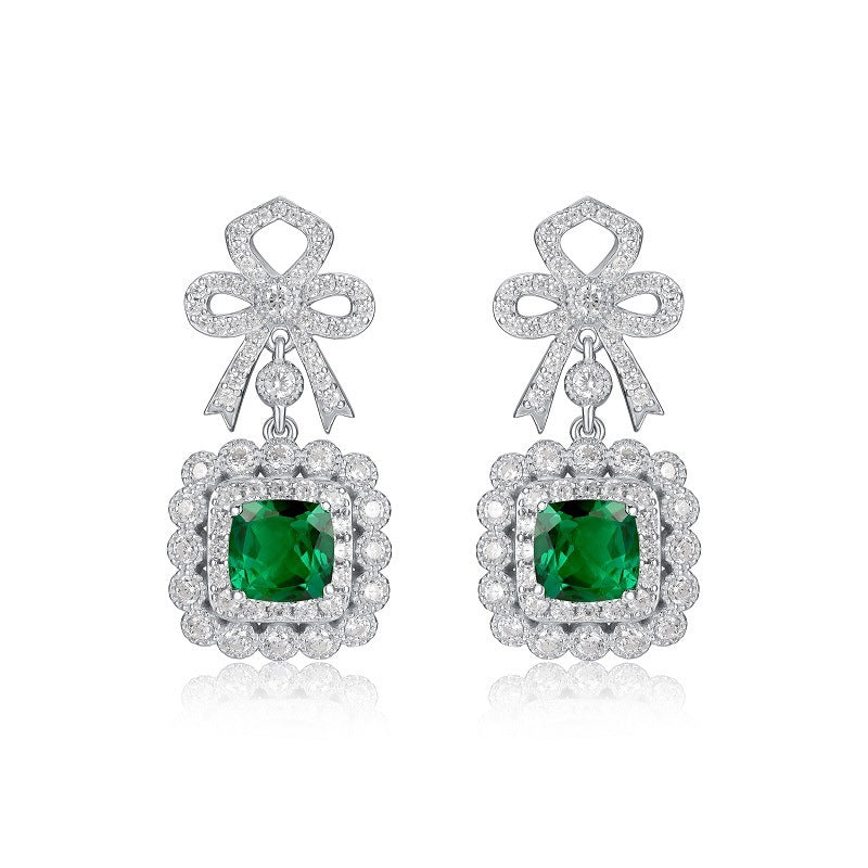 S925 Sterling Silver Lab Emerald Bowknot Halo Long Drop Earrings, for Women - Photo 5
