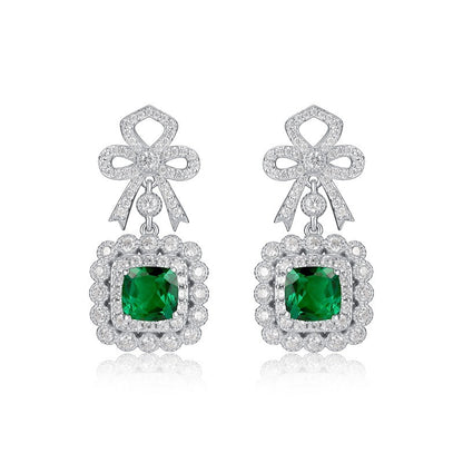 S925 Sterling Silver Lab Emerald Bowknot Halo Long Drop Earrings, for Women - Photo 5