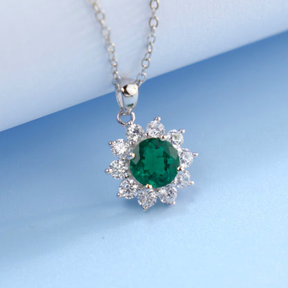 S925 Sterling Silver Lab Emerald Sunflower Halo Pendant Necklace, Vintage Versatile - Photo 2
