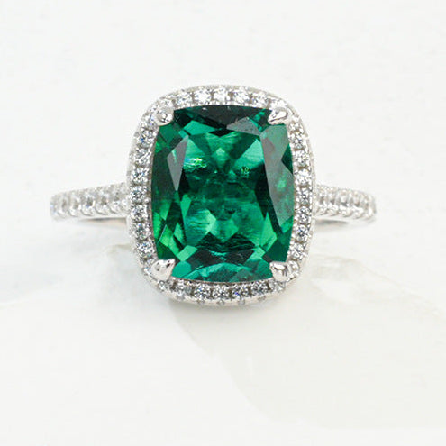 S925 Sterling Silver Lab Emerald Cushion Ring, Versatile Valentine Birthday for Girlfriend - Photo 1