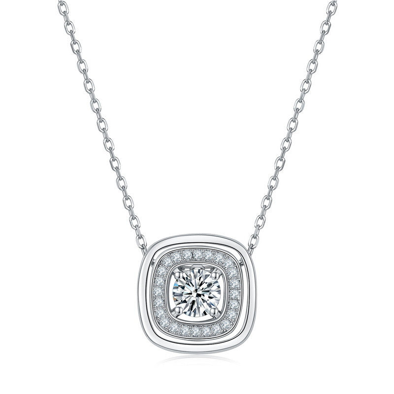 S925 Silver Double-Layer Square Halo Pendant Necklace, Elegant Versatile - Photo 5