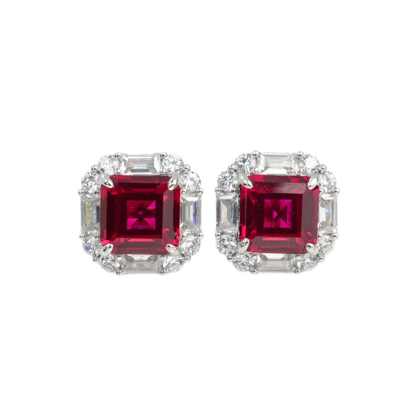S925 Silver Lab Ruby Stud Earrings Full Diamond Halo, Anniversary Versatile Gift - Photo 5